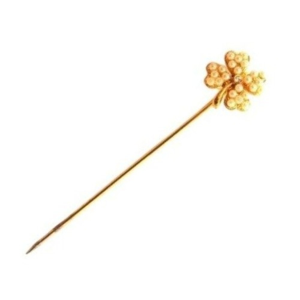 Vintage Tiny Faux Pearls & Rhinestone‎ Gold Lucky Four Leaf Clover Stick Pin